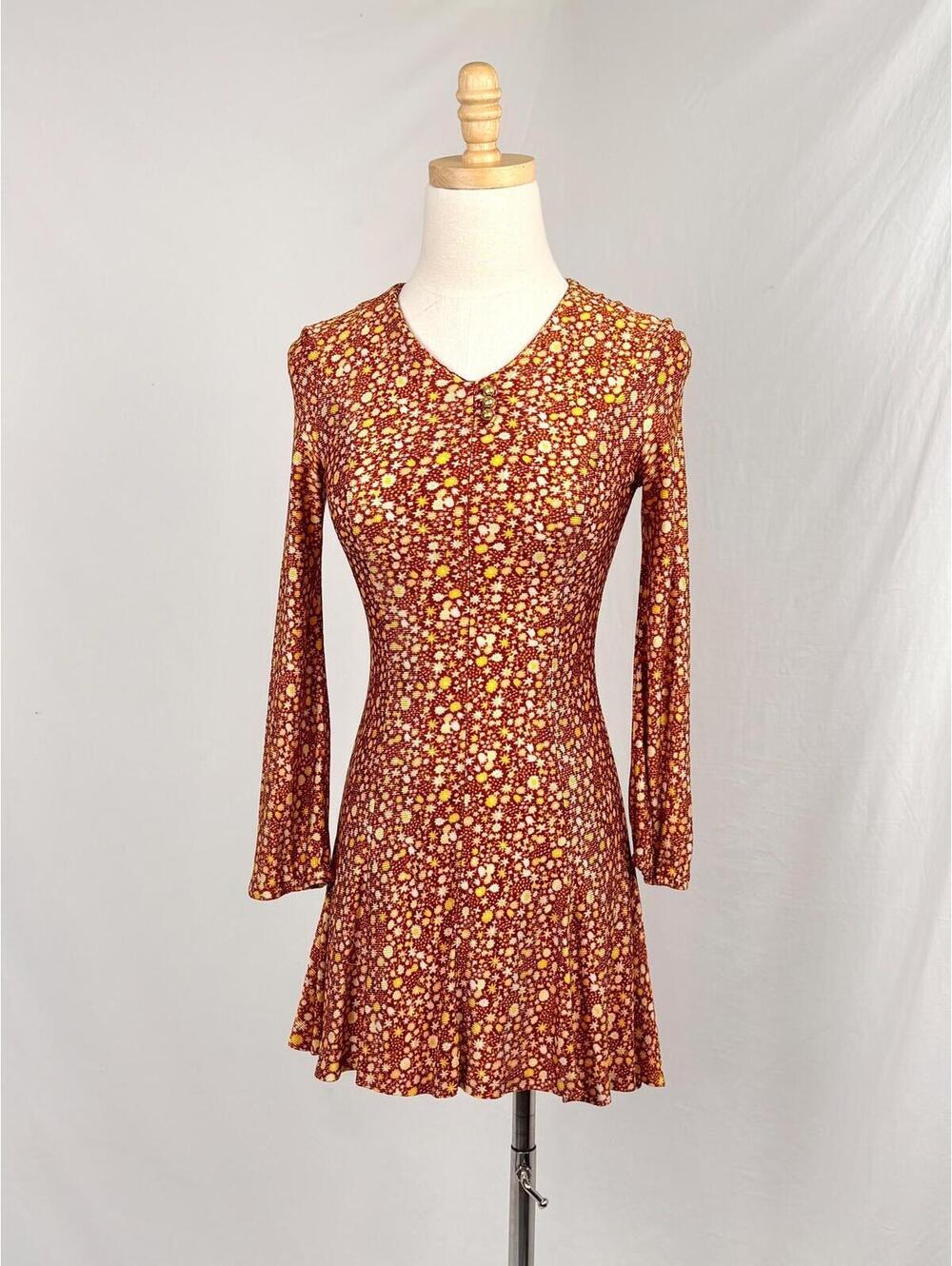 Vintage 1970s Rust Orange Ditsy Floral Mod Mini Dress XS Small Homemade Hippie
